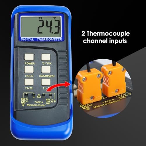 Digital K-Type Thermometer Dual Channel Thermocouple Thermometer with 2 Thermocouples, Measuring Range: -50 to 1300°C (-58 to 2372°F), High-Temperature Meter Measurement Sensor