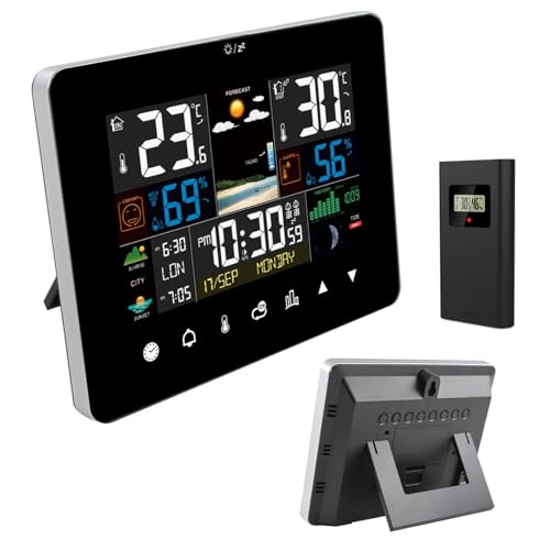 JSUDQR Stazioni Meteo Tasto Tattile con Sensore Esterno Monitor del Temperatura/Umidità/Barometro/Sfondo del cielo/Fase lunare/Orologio/Calendario per Casa Giardino Ufficio