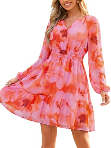 Image of Simplee Womens Spring Floral Mini Dress Long Sleeve Boho Chiffon Short Dress Casual Flowy Fall Wedding Guest Dresses