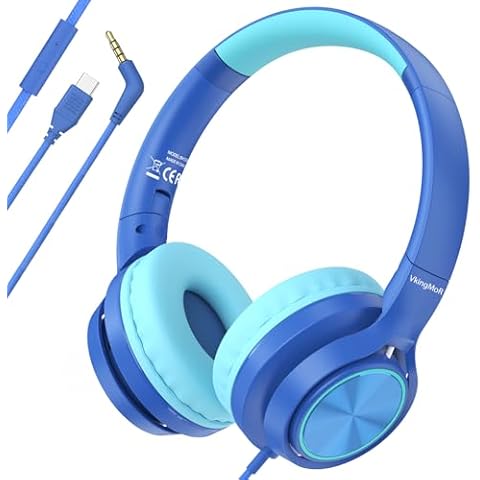 VkingMoR Kids Headphones for School Travel, Upgrade USB Type C Safe Volume 94dB, with Mic HD Stereo Sound Foldable On-Ear Headphones for Boys/Girls/Students/Tablet/Travel Blue Cover