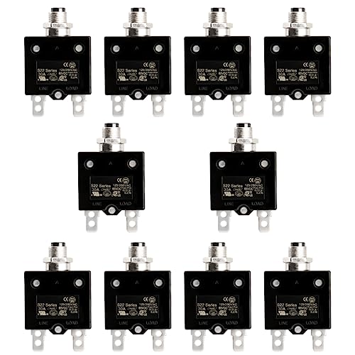 Baomain 30A Circuit Breaker Thermal Overload Protector, S22 Series 125/250VAC/65VDC, Manual Reset Thermal Circuit Breakers Black UL CE Listed Pack of 10 (30 Amp.)