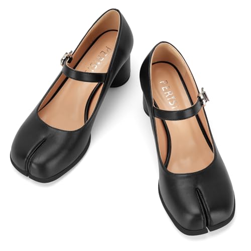 Perisis Women's Tabi Shoes Black Mary Janes Split Toe Heels Chunky Comfy Dress Pumps(Black PU,12)