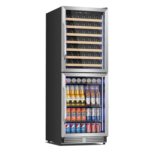 Image of Tylza 24'' Wine and Beverage Refrigerator, Dual Zone Wine Fridge with 190 Cans and 90 Bottles, Upgraded Compressor, Low-E Tempered Glass, Safety Lock, 2 In 1 Beverage Fridge for Home or Commercial