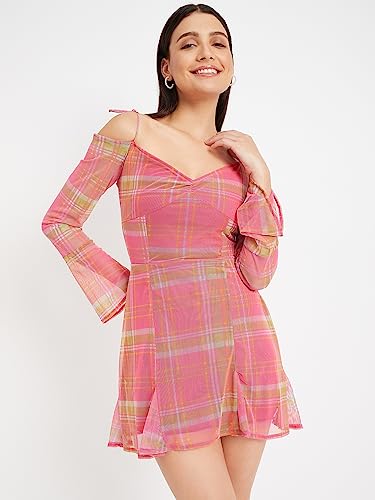 Image of DRAPE AND DAZZLE Printed Mesh Trumpet Sleeve Mini Dress with Tie Detailing for Women