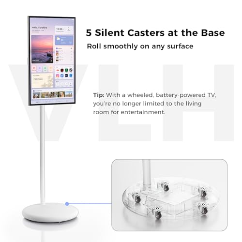 Image of VLH 27″ FHD Touch Screen Rolling TV, Smart Portable TV on Wheels, 6G+128GB, 27000mAh Battery, Android 15 OS, EDLA-Certified, Wireless Tablet TV with Voice Remote Control, Built-in 13MP Camera