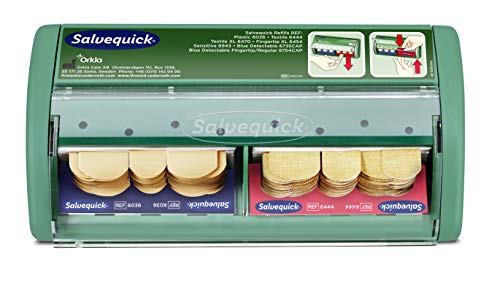 Salvequick | Spender für Klebebänder die die Pflaster vor Staub Schmutz und Feuchtigkeit schützen Enthält Textilklebeputz x 40 + Kunststoffputzbandagen x 45