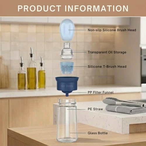 Image of GO STORE Glass Olive Oil Dispenser Bottle with Silicone Brush Droper Silicone Dropper Measuring Oil Dispenser Bottle for Kitchen Cooking Baking BBQ (180 Ml)