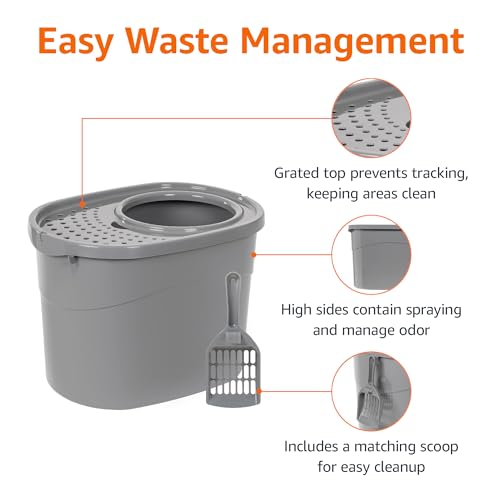 Image of Amazon Basics Large Cat Litter Box with High Sides, Top Entry, Odor Control, Includes Scoop, 20.5 x 14.75 x 14.38 inches, Grey