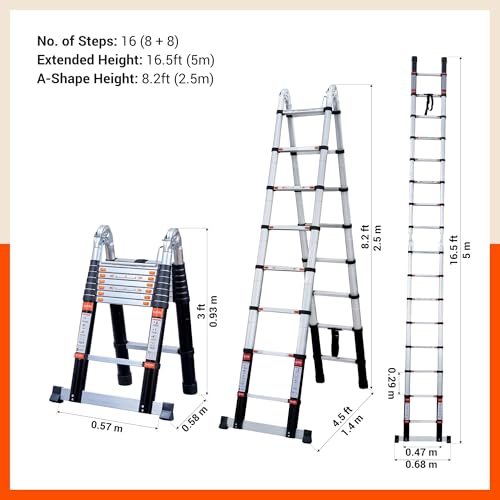 Image of Bathla 16.5 ft A-Type Foldable Aluminium Telescopic Ladder with 16 Steps | Portable & Compact | 2-Year Warranty | Multi-Purpose Ladder for Home, Industrial & Outdoor Use