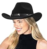 Vintage Western Cowboy Hat for Women Jazz Panama Cowgirl Hat Wide Brim Felt Fedora with Star Punk Leather Belt 22'-22.75' Black