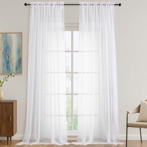 Image of OVZME White Sheer Curtains 108 Inches Long 2 Panels Set, Extra Wide Solid Lightweight & Airy Gauzy Window Treatments with Light Filtering for Patio Sliding Door, 59Wx108L Inches