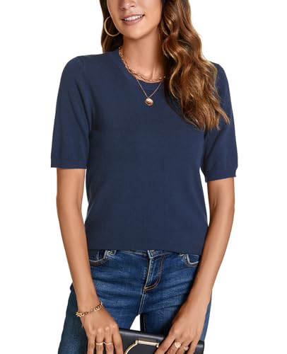 Image of Womens Short Sleeve Sweaters Tops Crew Neck Pullover Shirt Lightweight Knit Sweater Blouse