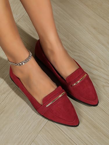 Image of Pointy Toe Penny Loafers for Women Dress Office Work Flats Shoes | Comfortable Women's Faux Suede Leather Slip On Flat Loafers for Driving Business Casual Cute Ballet Shoes
