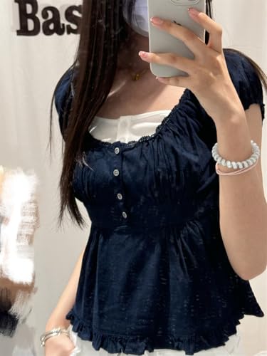 Alyweatry Women Y2k Coquette Shirt Cute Short Sleeve Vintage Fairy Grunge Aesthetic Ruffle Crop Top 90s Preppy Clothes2