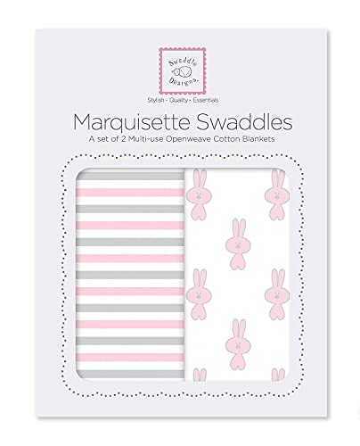 Swaddledesigns 2 Lrg Marquisette Swaddle Blankets For Baby Boys/Girls, Soft Premium Cotton Muslin, Boutique Quality, Best Shower Gift, Little Bunnie & Simple Stripes, Parent Picks Award Winner #TOP26