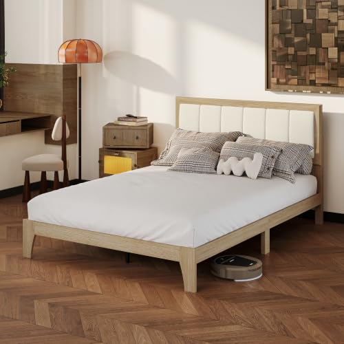 HOMCOM Full Bed Frame Upholstered Headboard Wooden Slats Natural by HOMCOM - Used condition - Image 9