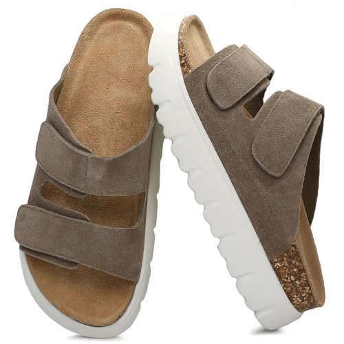 Genuine Leather Platform Sandals for Women 2025 - Soft Comfortable Memory Foam Insole Chunky Womens Wedge Sandals with Cork Footbed