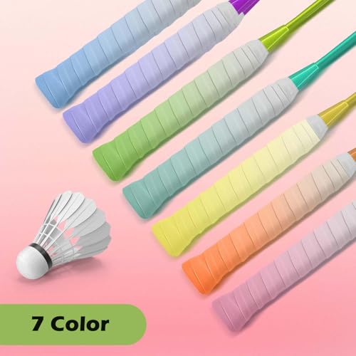 Image of 7Pcs Badminton Racket Grip, Badminton Grip, Tennis Overgrip Tape Self-Adhesive for Tennis /Badminton /Squash Racket Handle Grips (Pink + Yellow + Orange + Peacock Blue + Blue + Green + Purple)
