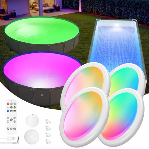 Askyli Rechargeable Submersible Pool Lights, IP68 Waterproof LED Pool Lights with Remote for Above Ground Inground Pool, Pond, Party Decoration (4 Piece)