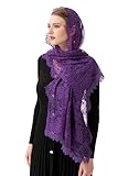 PAMOR Rectangular Chapel Veil Spanish Lace Floral Mantilla Veils Wrap Shawl Mass Head Covering (Purple)