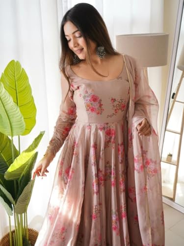 Image of DIGAMBARA Digital Floral Printed Georgette Anarkali Gown for Women, Ethnic Wear, Printed Maxi Length Gown, Round Neck Half Sleeve, Perfect for Festival, Party and Wedding, Brown