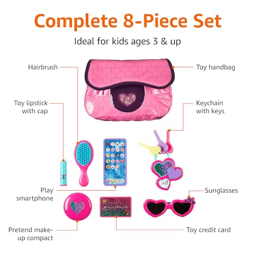 Image of Amazon Basics 8-Piece Pretend Play Purse Toy with Accessories for Girls Ages 3 and Up, Kids Toy Handbag Gift Set Including Smartphone, Sunglasses, Pretend Makeup Kit, Keys and Credit Card, Pink