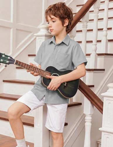 Image of Arshiner Boys Short Sleeve Dress Shirts Solid Button Down Shirts | formal Uniform School Shirt, for 4-12 Years, Hidden Buttons, with Chest Pocket, Regular Fit, Summer Tee top for Kids