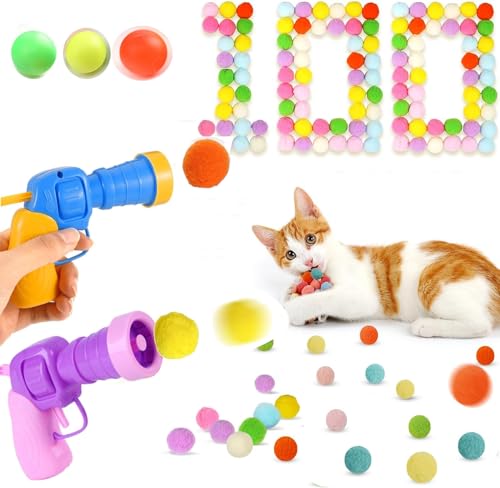 Cat-Ball-Launcher-2-pcs-100Pcs-12Cat-Toy-Ballshree-ping-Pong-BallsInteractive-Kitten-Toys-for-Indoor-Cats-Self-Play-Silent-Plush-Elastic-Cat-Ball-ToySuitable-for-Training-and-Playing
