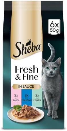 SHEBA Portionsbeutel Katzennassfutter Multipack Fresh & Fine in Sauce mit Lachs und Thunfisch MSC, 6x6x50g - Premium Katzenfutter in Sauce mit Lachs und Thunfisch