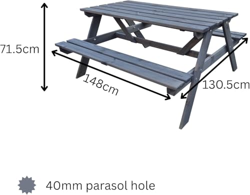 Callow Retail Premium Grey Wooden Picnic Bench - Garden or Pub Picnic Table 148cm x 155cm x 75cm Garden, Patio, Outdoors, Furniture (GREY) - Image 2