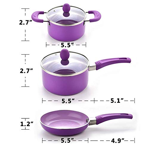 Caannasweis 3 Piece Cookware Set, 5.5" Nonstick Frying Pan, sauce pan and soup pan with glass lid set (Purple)…