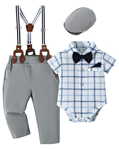 Image of nilikastta Baby Boy Wedding Outfits Infant Baby Boy Clothes Suit Dress Shirts/Suspender Pants/Bowtie/Beret Hat 0-18M