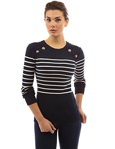 PattyBoutik Women Crewneck Striped Military Sweater (Navy Blue and Ivory X-Large) - Thumbnail 5