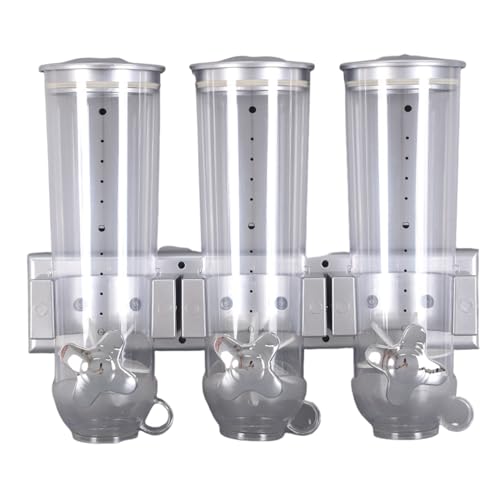 Dispensador triple de cereales – Dispensador de alimentos montado en la pared, recipiente hermético transparente para alimentos | Contenedor de almacenamiento de alimentos secos con 3 tazas