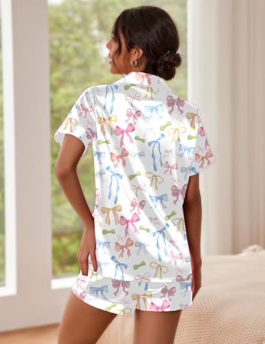 Image of Ekouaer Pajamas for Women Set Silk Satin Pjs Button Down Sleepwear Summer Loungewear Top and Shorts Lounge Set S-XXL