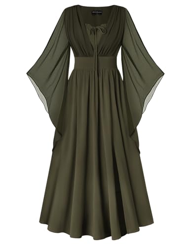 SCARLET DARKNESS Damen Mittelalter Kleid Gesmokte Taille V-Ausschnitt 3/4 Glockenärmel Maxi Wikinger Kleidung Olivgrün M