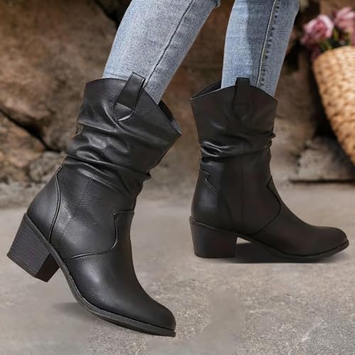 Cowboy Boots for Women,2025 Point Toe Casual Wide Width Fashion Slouchy Ruched Leather Solid Color Fashion Travel Shoes Slouchy Comfortable Wide Calf Slip On Winter Fall Low Heel Boots3