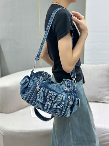Image of Designer Denim Handbags for Women Hobo Tote Bag Crossbody Denim Purses Blue Jean Shoulder Bag
