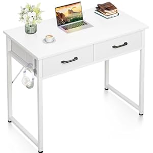 Casaottima 32 Inch Small Office Computer Desk with 2 Drawers & Headphone Hook – Compact Writing Desk for Home Office, Study or Work, Modern Space-Saving Design for Small Spaces, White