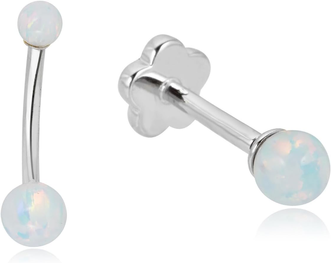 AVORA 10K/14K White Gold Simulated Opal Belly Button Ring & Cartilage Piercing Flat Back Earring Body Jewelry Set