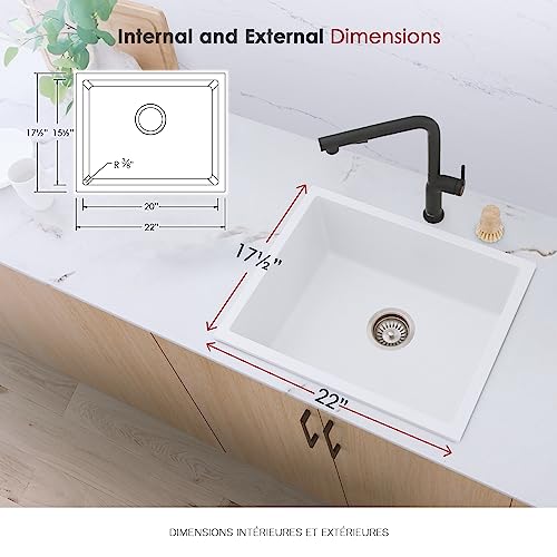 Image of Stylish 22 x 17.5 Composite Granite Kitchen Sink, Single Bowl Under Mount & Drop in, 8.25 in Deep, Rear-Center Drain, with Strainer, White, S-822H
