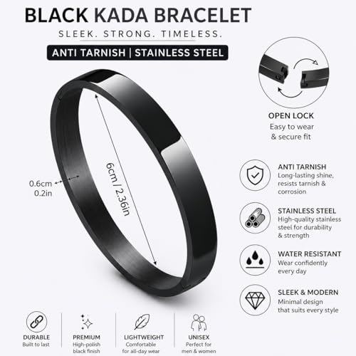 Image of MEENAZ bracelet for man Boys brother boyfriend gents / Fashion Black Kada for men / black Bracelet for Men Stainless Steel Kada for boys Kadas open Bracelets Birthday Gift valentine Anti tarnish Jewellery 527