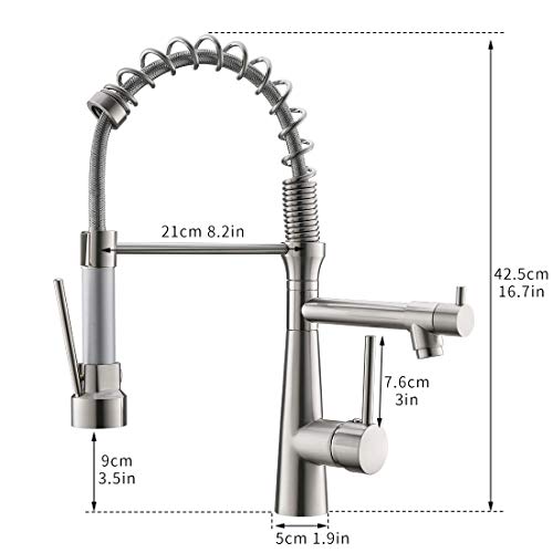 TIMACO LED Küchenarmatur mit Spiralfeder, 360° Schwenkbare Spültischarmaturen mit Zwei Auslauf, Wasserhahn Küchen & Brause ausziehbar- Hochdruck, Gebürstetes Nickel - Image 3