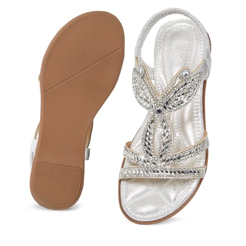 Image of iCKER Womens Rhinestone Strappy Flat Sandals Elastic Ankle Strap Open‑Toe | Sparkling,for wedding,party,evening dates,special occasion,Vacation,Formal