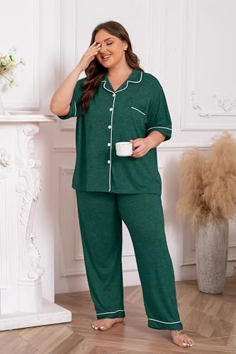 Image of Vozanet Women Plus Size Pajamas Button Down Rayon Softness PJS Classic Sleepwear Short Long Loungewear 2pcs with Pockets