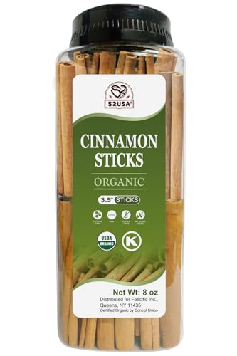 52USA Organic Cinnamon Sticks, Cinnamon 8oz (226g), Cinnamon Sticks Whole, 100% Raw, USDA & Kosher Certified, Gluten Free, Non-GMO, Pure & Fresh Cinnamon, Perfect for Baking, Cooking & Beverages