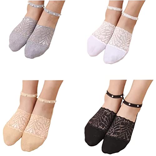Mingkai 4Pair Thin Pearl Lace Socks Ladies Beaded Lace Socks Ankle Socks Cute Mesh Transparent Lace Liner Socks Invisible Lace Boat Socks