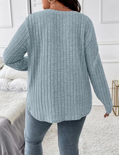 Image of Koscacy Women Plus Size Casual Knit Sweater V Neck Solid Color Tops Lightweight Long Sleeve Blouses