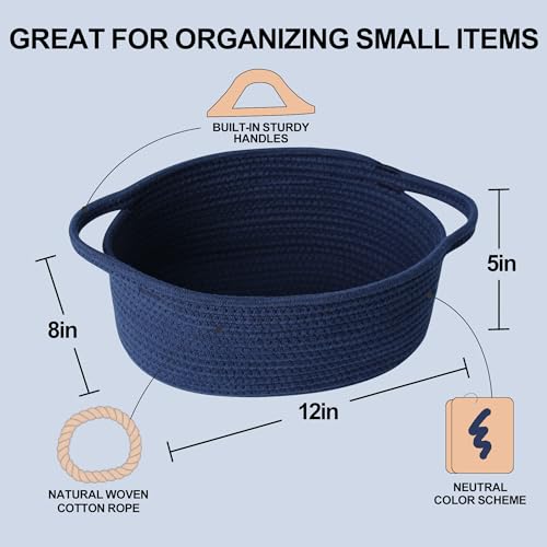 Image of Small Blue Gift Basket, Woven Baskets for Gifts Empty, Cotton Rope Cat Dog Toy Bin Box, Wicker Basket with Handles, Baby Nursery Shelf Storage Basket for Home Decor, Navy Blue, 12 inchx 8 inchx 5 inch