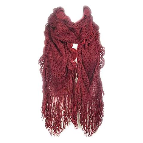 Aesthetinc Classic Solid Color Ruffle Fringe Tassel Knit Scarf (Red 1) Cover